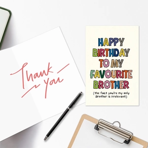 Macro view of Happy Birthday Brother card set with colorful text and matching envelope