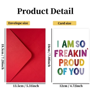 Tarjeta de felicitación motivadora con sobre rojo y texto 'I AM SO FREAKIN' PROUD OF YOU'