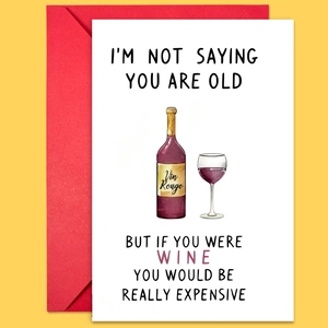 Funny birthday card with watercolor wine bottle illustration and vibrant red envelope