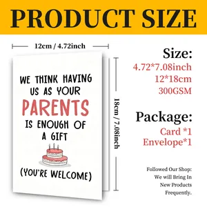 Detailed size chart showing 12x18cm dimensions for the 300GSM birthday card and envelope
