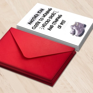 Funny birthday card set with purple velcro shoes illustration and a red envelope