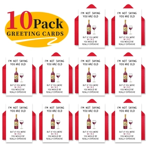 Detail of 10 pack humorous wine-themed birthday cards with vibrant red envelopes