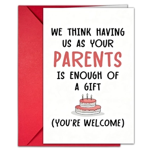 Humorous birthday card with pink cake illustration and matching red envelope