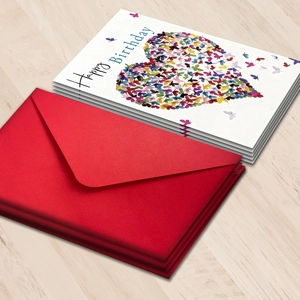 Creative Happy Birthday card with colorful butterfly heart design and red envelope
