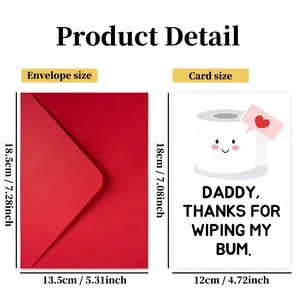 Guía de tallas para tarjeta divertida del Día del Padre con sobre rojo y medidas