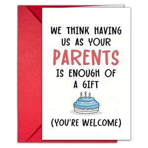 Detail of creative birthday card with red envelope featuring a hand-drawn cake illustration