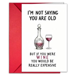 Detailed view of humor birthday card set featuring wine illustration and a red envelope