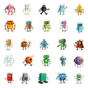 Collection of 25 robot cartoon stickers with vintage mechanical toy designs and white borders