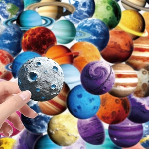 3D realistic space planet stickers with moon craters and glowing blue accents