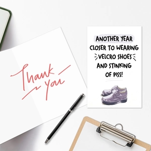 Funny birthday card set with humor text and a velcro shoes illustration on high quality paper