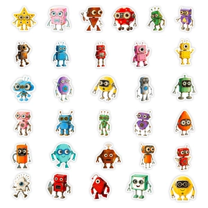 Collection of 30 vintage cartoon robot stickers in steampunk style on white background
