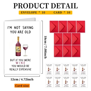 Set of 10 funny wine-themed birthday cards and red envelopes with 12x18cm size specs