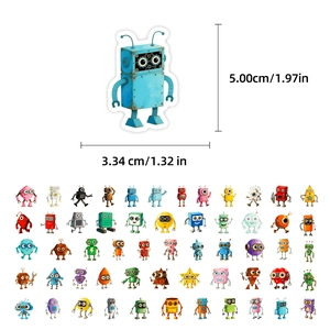 Detailed grid of assorted cartoon robot stickers with dimensions for laptop decoration