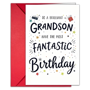 Dettaglio del biglietto di compleanno per nipote con busta rossa e motivi regalo colorati