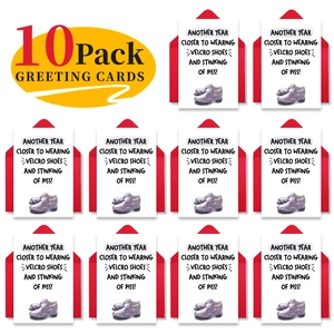 Pack of 10 funny birthday cards with red envelopes featuring velcro shoes illustration
