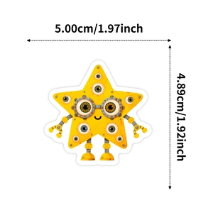 Detail view of a yellow steampunk star robot sticker with gear eyes and dimensions
