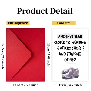 Funny sneaker birthday card set with a red envelope and dimension details shown