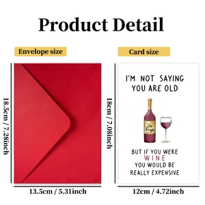 Creative humor birthday card set with wine illustration and matching red envelope
