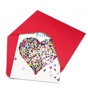 Creative birthday card with heart-shaped butterfly design and red envelope set