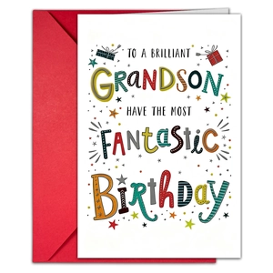 Biglietto auguri compleanno per nipote con busta rossa e testo artistico a colori