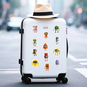 Detailed view of 12 colorful robot graffiti stickers on a white travel suitcase