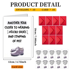 Funny birthday card set with 10 cards and 10 red envelopes featuring humorous text