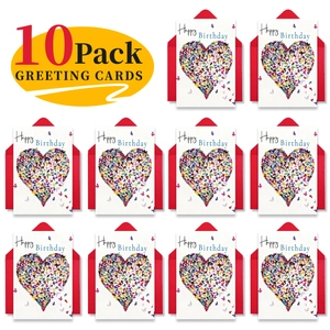 Flat lay of 10-pack white birthday cards with colorful butterfly heart and red envelopes