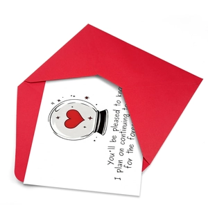 Minimalist white greeting card with heart crystal ball illustration and red envelope