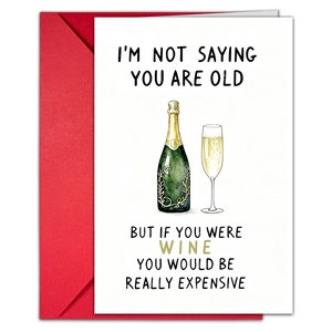 Funny birthday card with watercolor champagne illustration and a bright red envelope