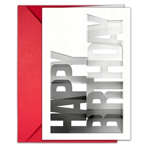 Detailed top view of a white Happy Birthday card with a vibrant red envelope