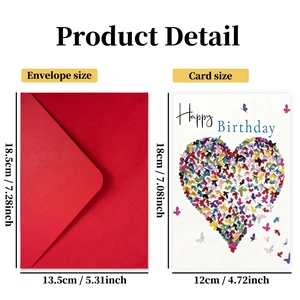 Creative heart butterfly birthday card with red envelope set, includes dimensions