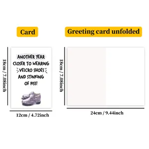 Detailed size chart showing dimensions of the funny birthday card in unfolded and folded view