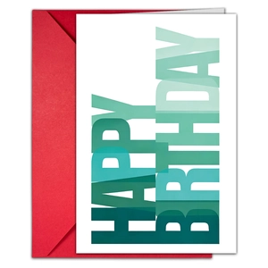 Modern birthday card set with gradient green Happy Birthday text and red envelope