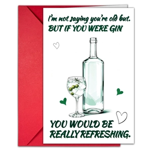 Funny gin-themed birthday card set with bright red envelope and witty illustration