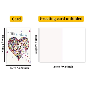 Detailed size chart of a butterfly heart birthday card with dimensions in cm and inches