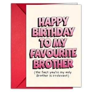 Detail of creative birthday card set with pink 3D text and vibrant red envelope