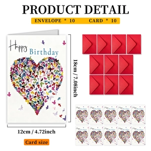Detail view of 10-piece heart butterfly birthday card set with red envelopes and dimensions