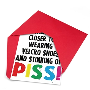 Funny humor birthday card set with red envelope featuring bold artistic text design