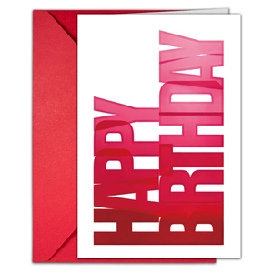 Detail of colorful Happy Birthday card set with red artistic text and red envelope