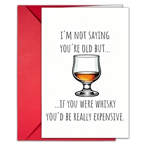 Detail view of funny birthday card with whiskey glass illustration and red envelope