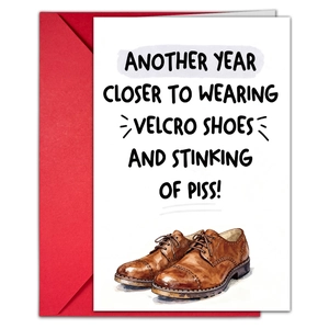 Funny birthday card detail with red envelope and watercolor brown leather shoes illustration