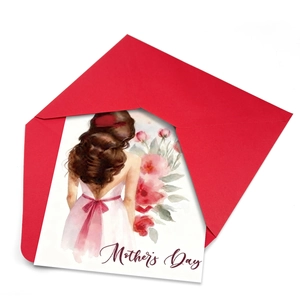 Watercolor Mother's Day greeting card set with red envelope and floral illustration