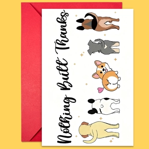Flat lay of dog illustration thank you card with red envelope on yellow background