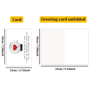 Detail view of funny humor greeting card in folded and unfolded states with heart graphic