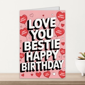 Dettaglio del biglietto Happy Birthday rosa con palloncini a cuore su tavolo