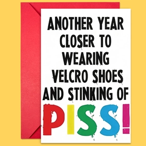 Funny birthday card with humorous text and red envelope on a bright yellow background