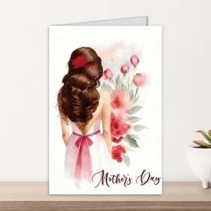 Detail of watercolor Mother's Day card featuring an elegant woman and floral design