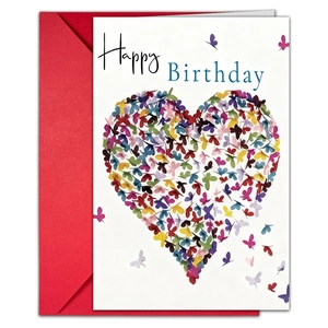 Creative birthday card with colorful butterfly heart design and a red envelope set