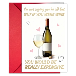 Funny birthday card with wine bottle design, gold text details and red envelope
