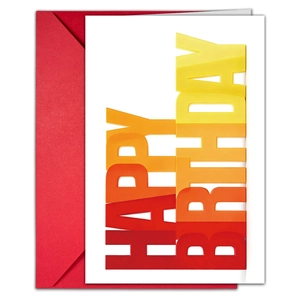 Detail of Happy Birthday card with 3D gradient text and matching red envelope
